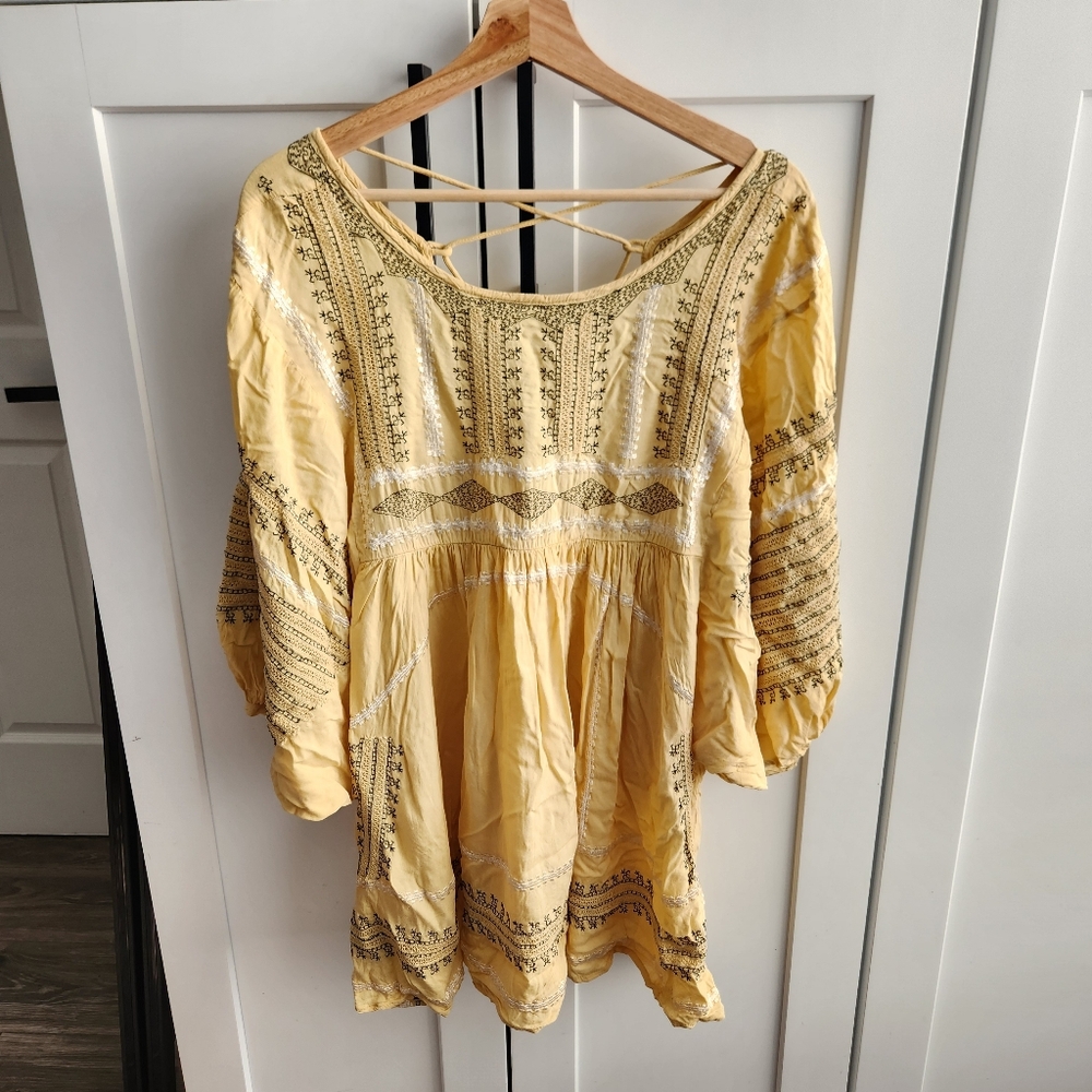 Free People Wild One Embroidery Tunic Dress Yellow Size Medium